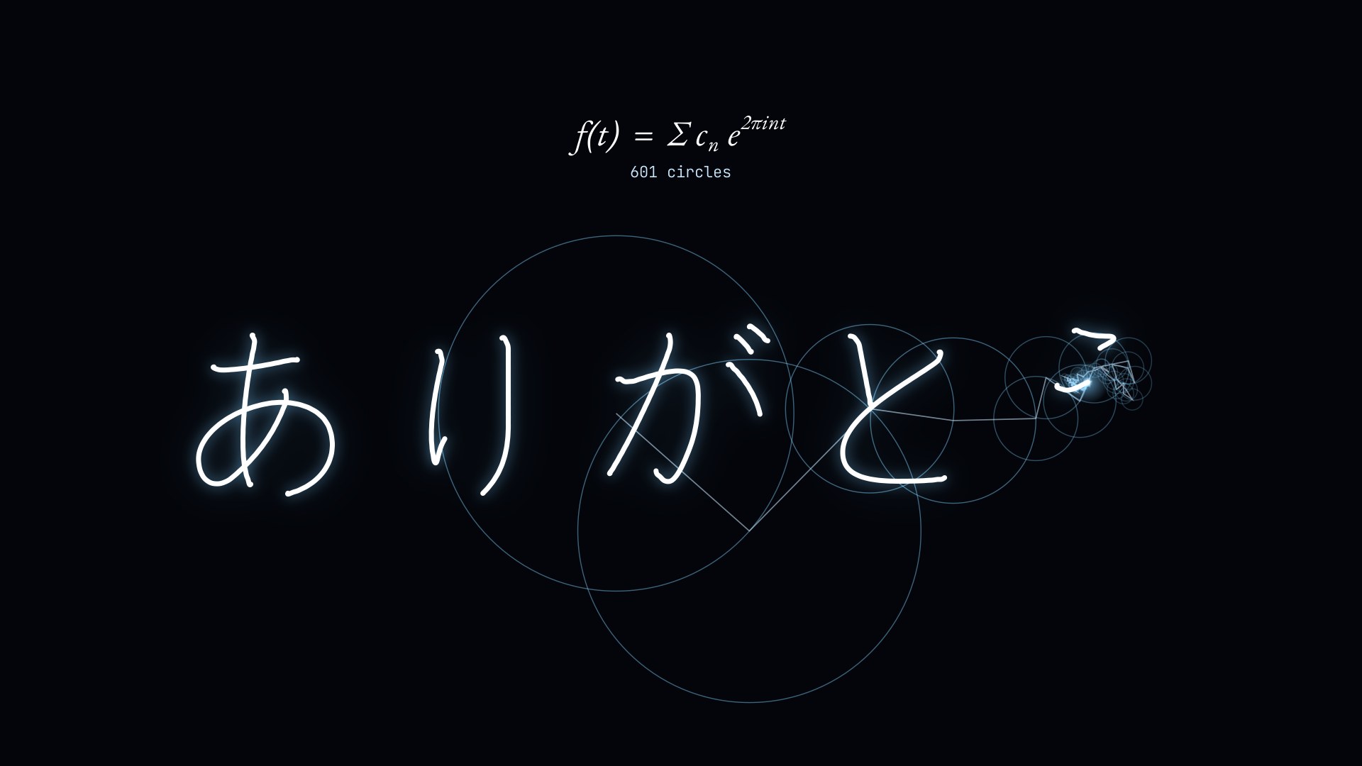 回る円をつないだ鎖の先が、横書きの「ありがとう」を書いているところ