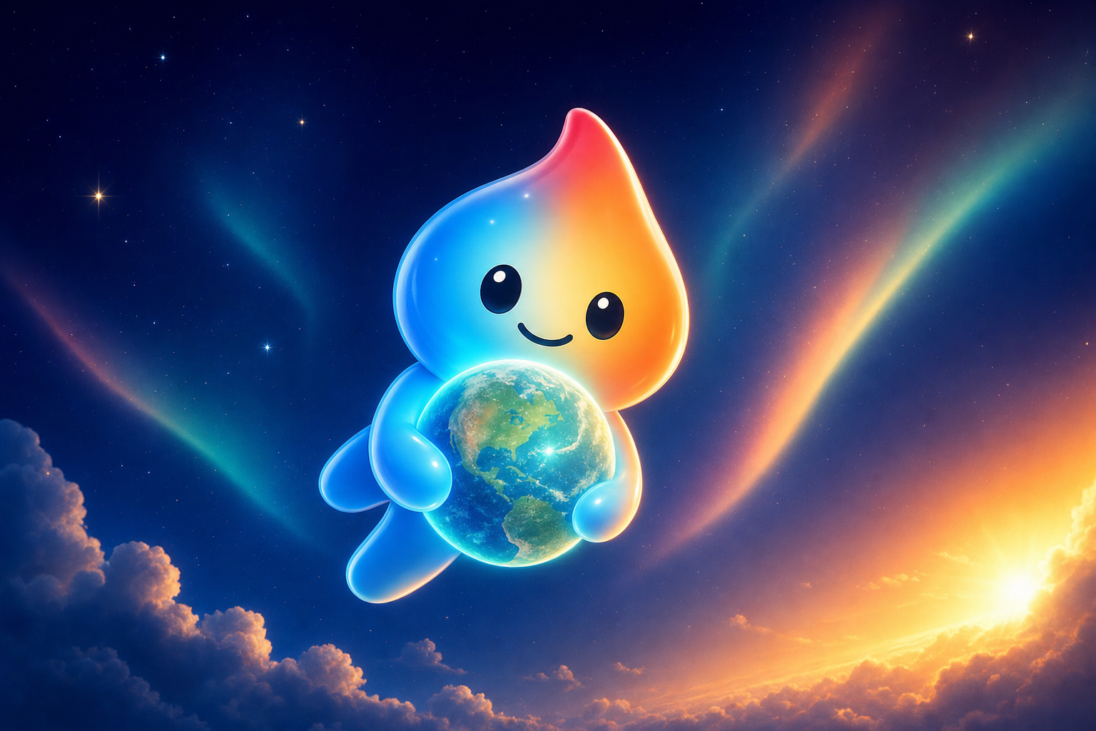光る地球を抱きかかえるFrewのマスコットキャラクター
