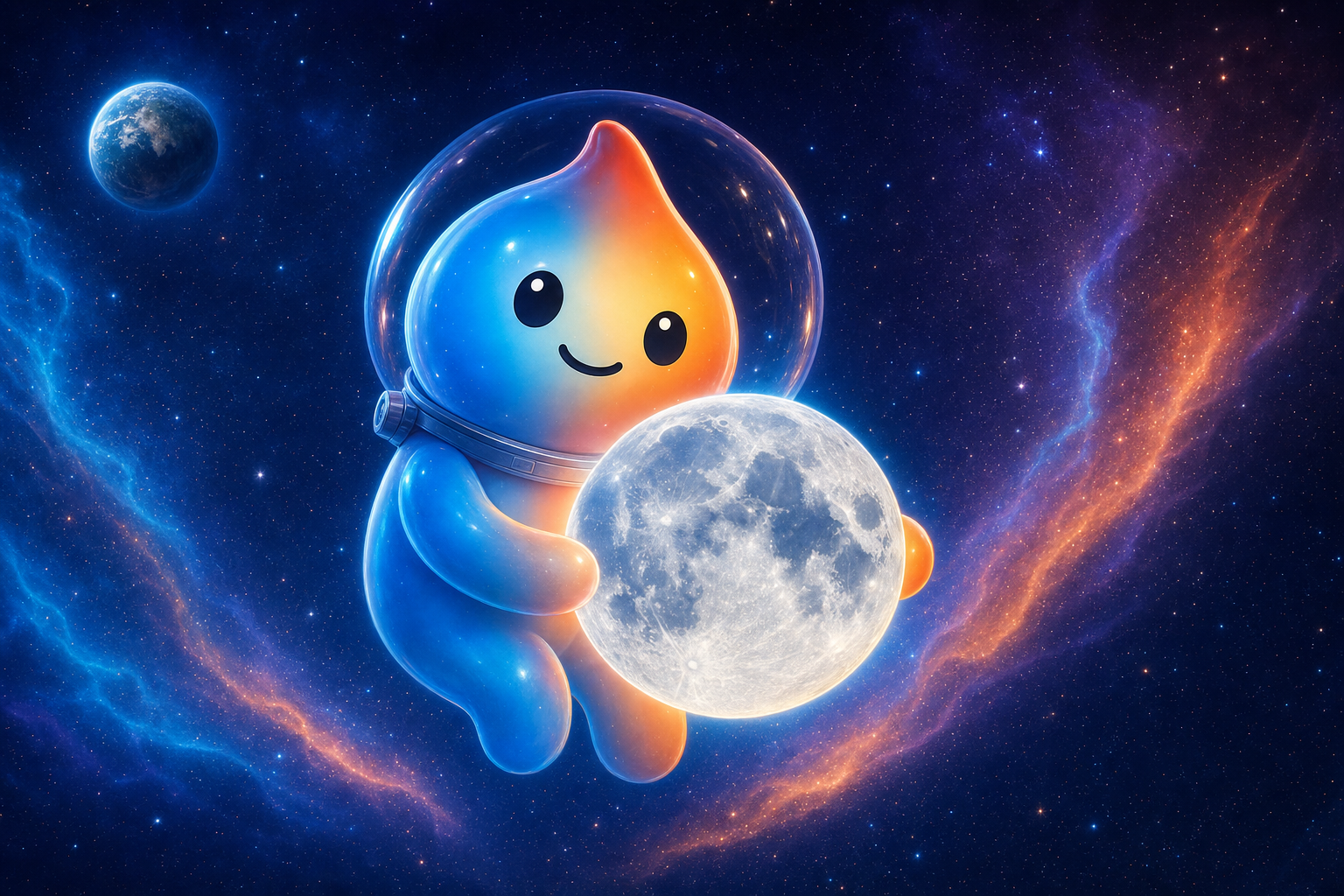 輝く月を抱きかかえるFrewのマスコットキャラクター