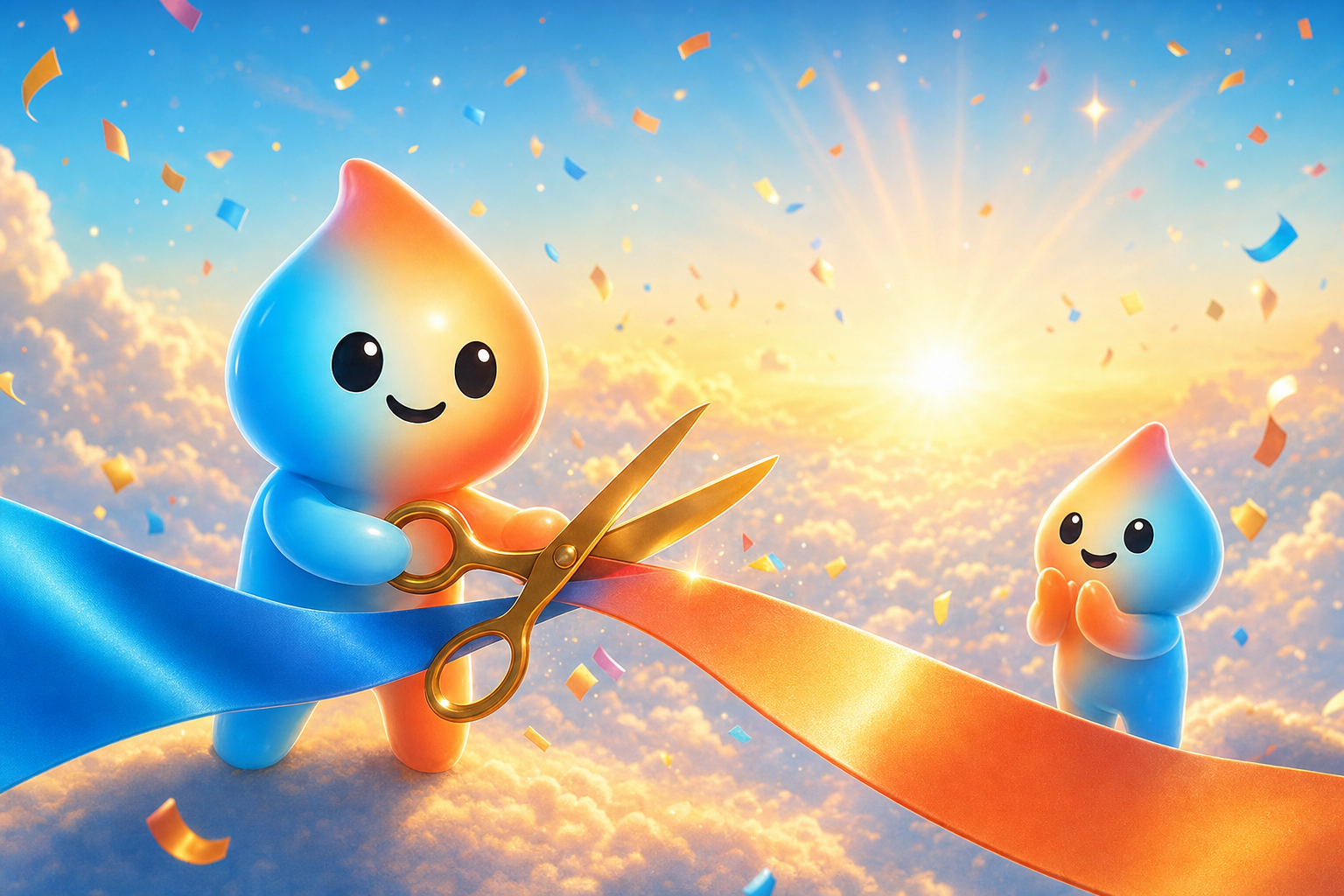 リボンカットでサービスの再出発を祝うFrewのマスコットキャラクター